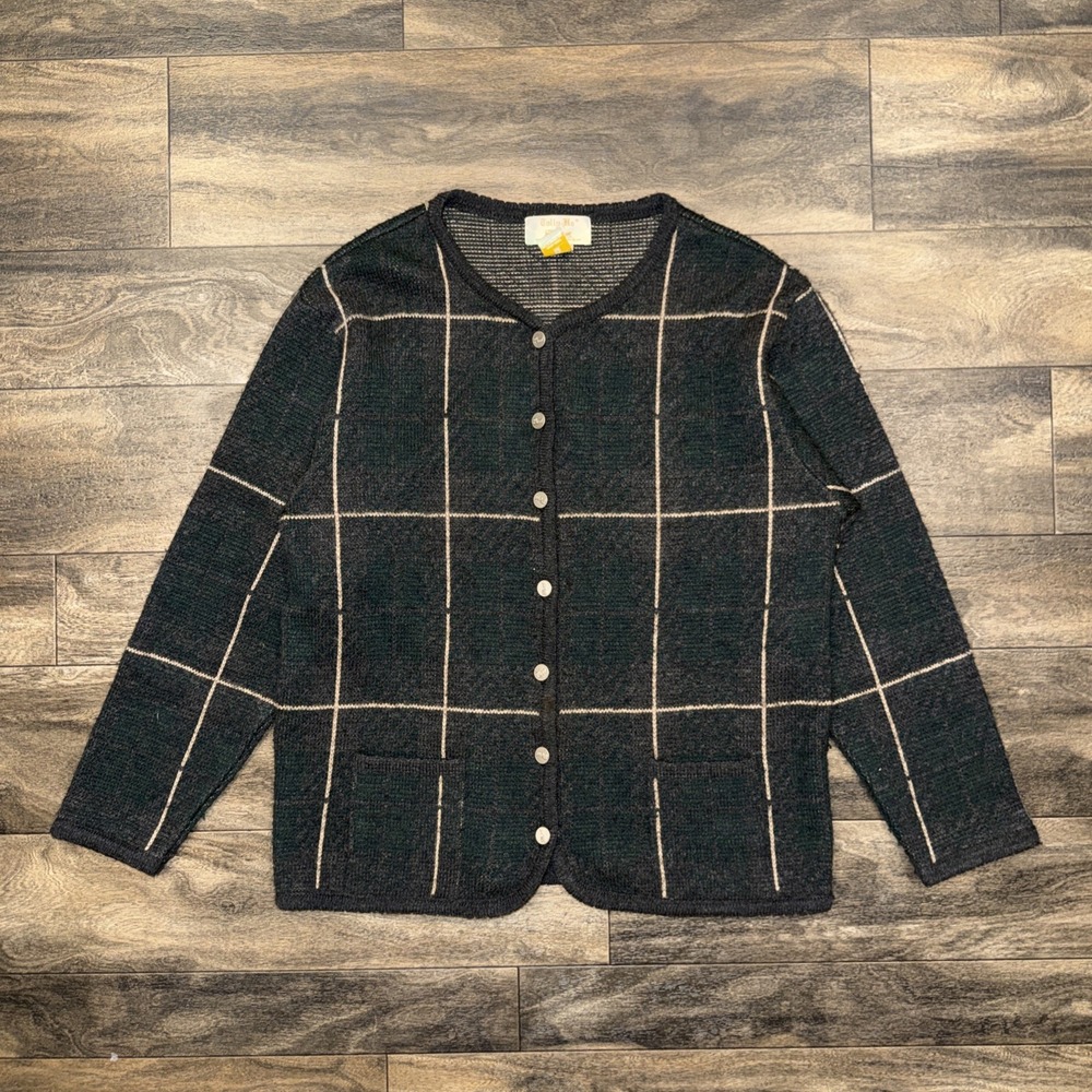 Vintage Tally-Ho Acrylic Button-Up Cardigan Womens Medium Green & Grey Plaid